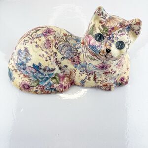 Vintage Floral Crackle Glaze Ceramic Cat Figurine 10” Long